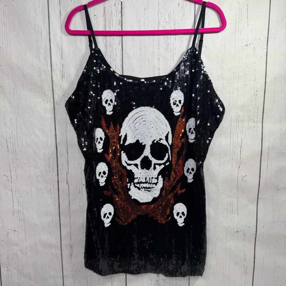 Black Womens Sequin Skull Cami Tank Top Dress Gothic Halloween Partywear Edgy